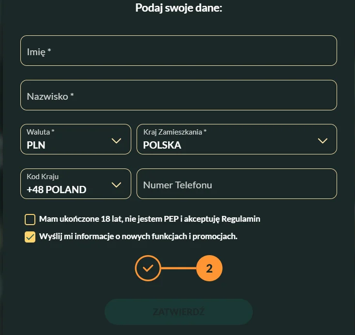 Formularz danych Lemon Casino